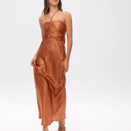 OPHELIA MARBLE - Vestido jacquard satinado anudado al cuello midi MIOH