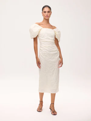 Vestido crudo escote cuadrado damasco manga farol MIOH