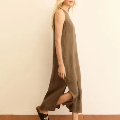Vestido recto de lona de lino gris ceniciento EMME