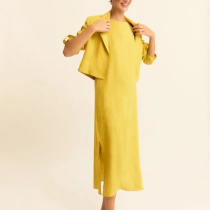Vestido recto de lona de lino mostaza EMME