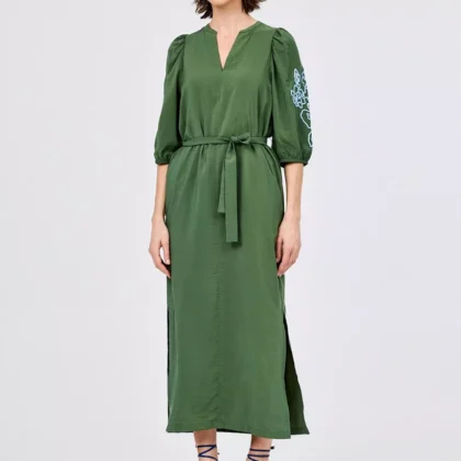 Vestido verde midi bordado manga CKS
