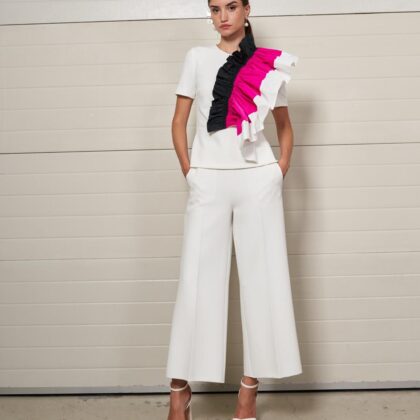 CONJUNTO blanco pantalon y camiseta onda negra y rosa MOSKADA