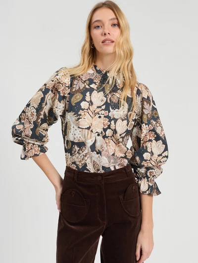 CAMISA ESTAMAPADO CABALLOS MARINO Y BEIGE-VILAGALLO